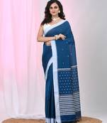 Sapphire blue cotton saree with white border and woven patterns