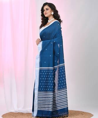 Sapphire blue cotton saree with white border and woven patterns 2