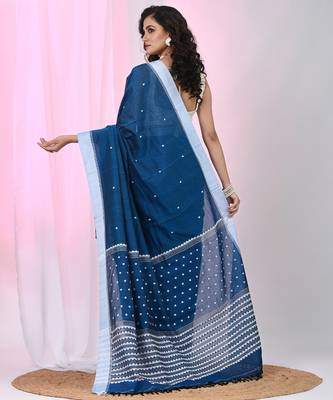 Sapphire blue cotton saree with white border and woven patterns 3