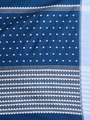 Sapphire blue cotton saree with white border and woven patterns 4