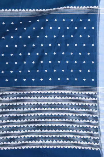 Sapphire blue cotton saree with white border and woven patterns