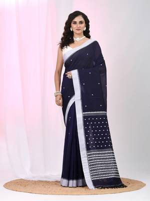Dark purple cotton saree with white border and woven patterns 1