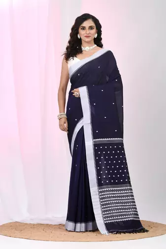 Dark purple cotton saree with white border and woven patterns