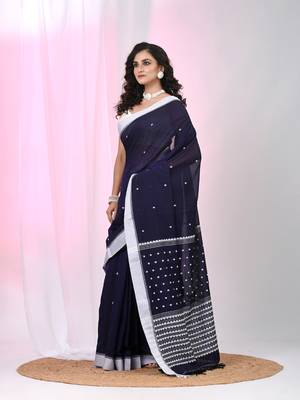 Dark purple cotton saree with white border and woven patterns 2