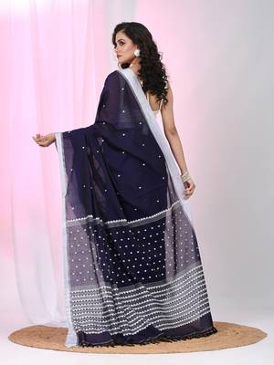 Dark purple cotton saree with white border and woven patterns 3