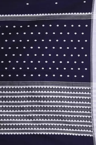 Dark purple cotton saree with white border and woven patterns