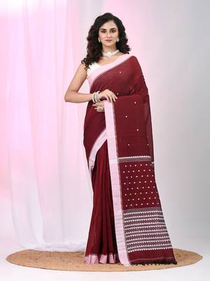 Red cotton saree with white border and woven patterns 1