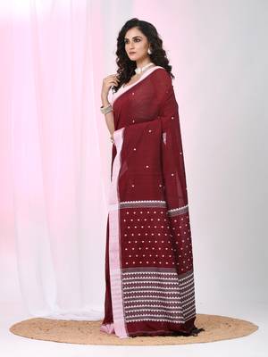 Red cotton saree with white border and woven patterns 2
