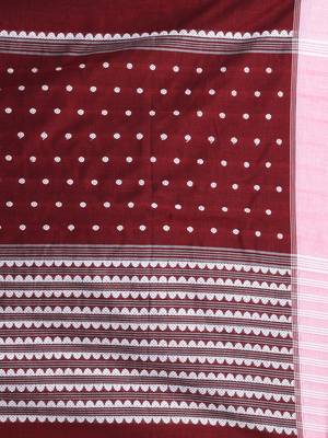 Red cotton saree with white border and woven patterns 4