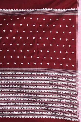 Red cotton saree with white border and woven patterns