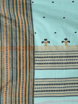Sea green cotton saree with intricate striped border and tassels 4