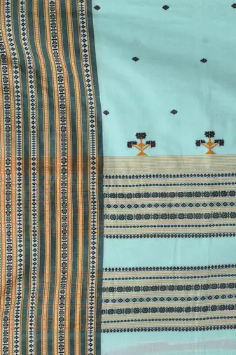 Sea green cotton saree with intricate striped border and tassels