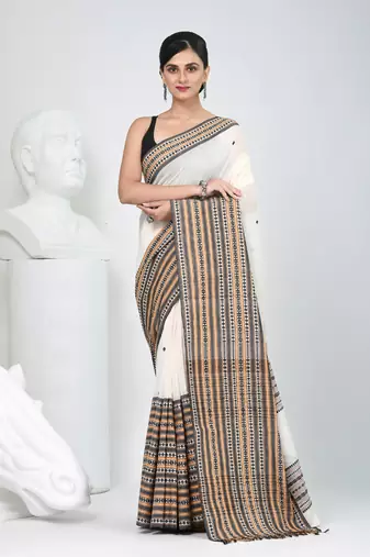 Off white cotton saree with intricate striped border and tassels