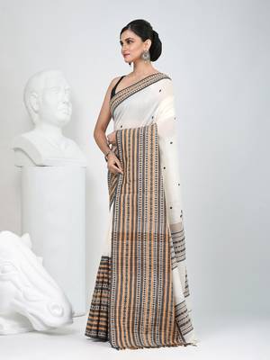 Off white cotton saree with intricate striped border and tassels 2