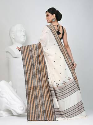 Off white cotton saree with intricate striped border and tassels 3