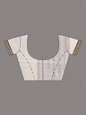 Off white cotton saree with intricate striped border and tassels 4