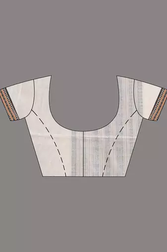 Off white cotton saree with intricate striped border and tassels