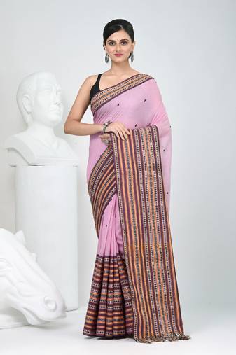 Dusky pink cotton saree with intricate striped border and tassels