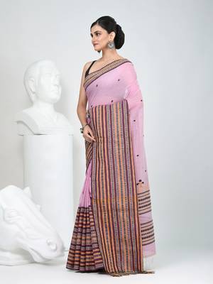 Dusky pink cotton saree with intricate striped border and tassels 2