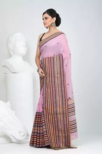 Dusky pink cotton saree with intricate striped border and tassels