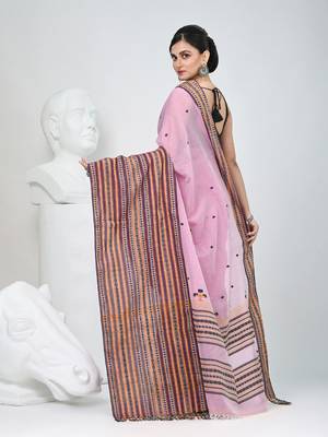 Dusky pink cotton saree with intricate striped border and tassels 3