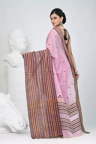 Dusky pink cotton saree with intricate striped border and tassels
