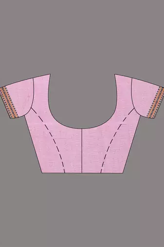 Dusky pink cotton saree with intricate striped border and tassels