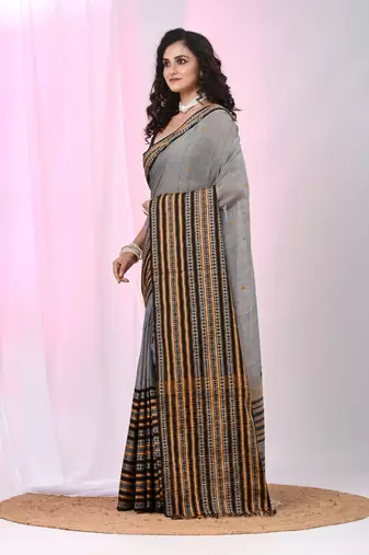 Grey cotton saree with intricate striped border and tassels