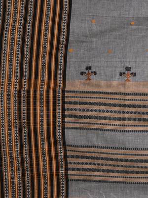 Grey cotton saree with intricate striped border and tassels 4