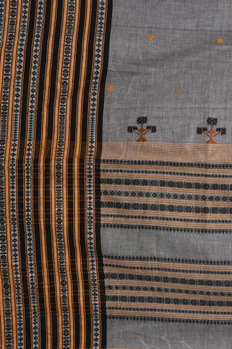 Grey cotton saree with intricate striped border and tassels