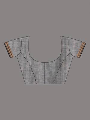 Grey cotton saree with intricate striped border and tassels 5