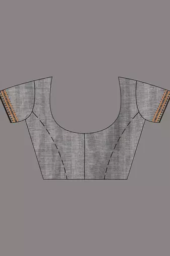 Grey cotton saree with intricate striped border and tassels