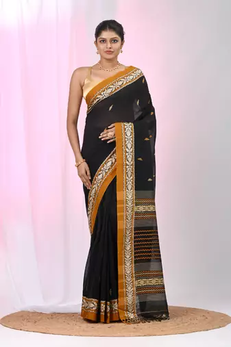 Black cotton saree with contrasting yellow border and tassels