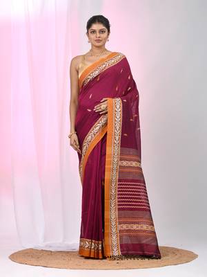 Magenta cotton saree with contrasting yellow border and tassels 1