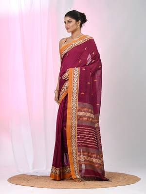 Magenta cotton saree with contrasting yellow border and tassels 2