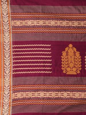 Magenta cotton saree with contrasting yellow border and tassels 4