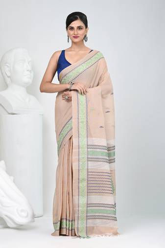 Elegant beige cotton saree with intricate border design