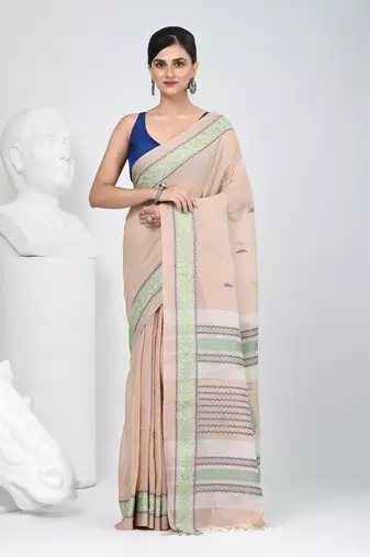 Elegant beige cotton saree with intricate border design