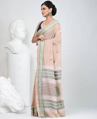 Elegant beige cotton saree with intricate border design 2