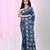 Aegean blue silk blend kantha stitch saree with white peacock & floral thread work