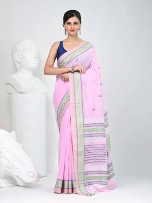 Elegant pink cotton saree with intricate border design 1