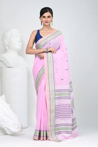 Elegant pink cotton saree with intricate border design