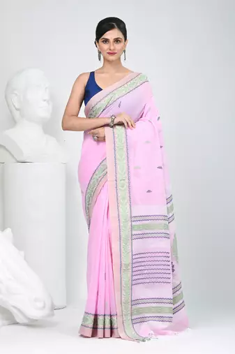 Elegant pink cotton saree with intricate border design