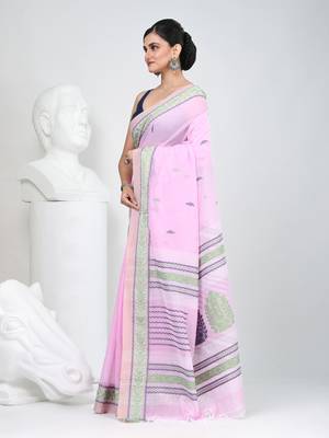 Elegant pink cotton saree with intricate border design 2