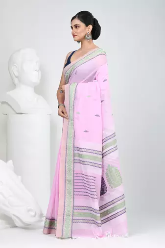 Elegant pink cotton saree with intricate border design