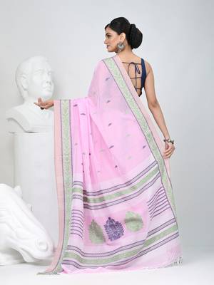 Elegant pink cotton saree with intricate border design 3