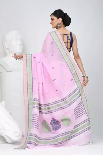 Elegant pink cotton saree with intricate border design