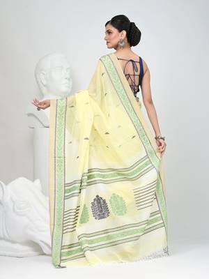 Elegant yellow cotton saree with intricate border design 3