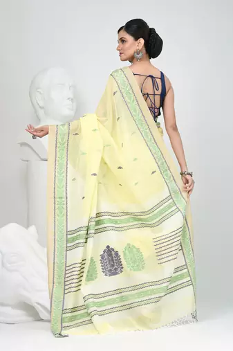 Elegant yellow cotton saree with intricate border design