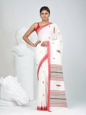 Elegant off white cotton saree with red border & woven motifs 1